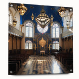 Large abstract wall art on acrylic glass depicting a colorful synagogue, ideal for dining room or bedroom decor.