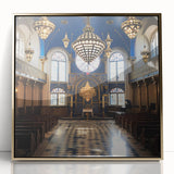 Mid-century modernist art depicting a synagogue in muted gold and white tones on a framed acrylic.