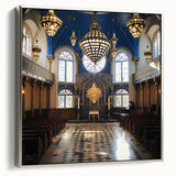 Vintage poster art of a synagogue in colorful hues on extra-large framed canvas, suited for living room decor.