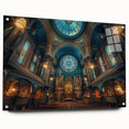 Acrylic print of a large abstract design in cool blue tones, suitable for bedroom or dining room decor.