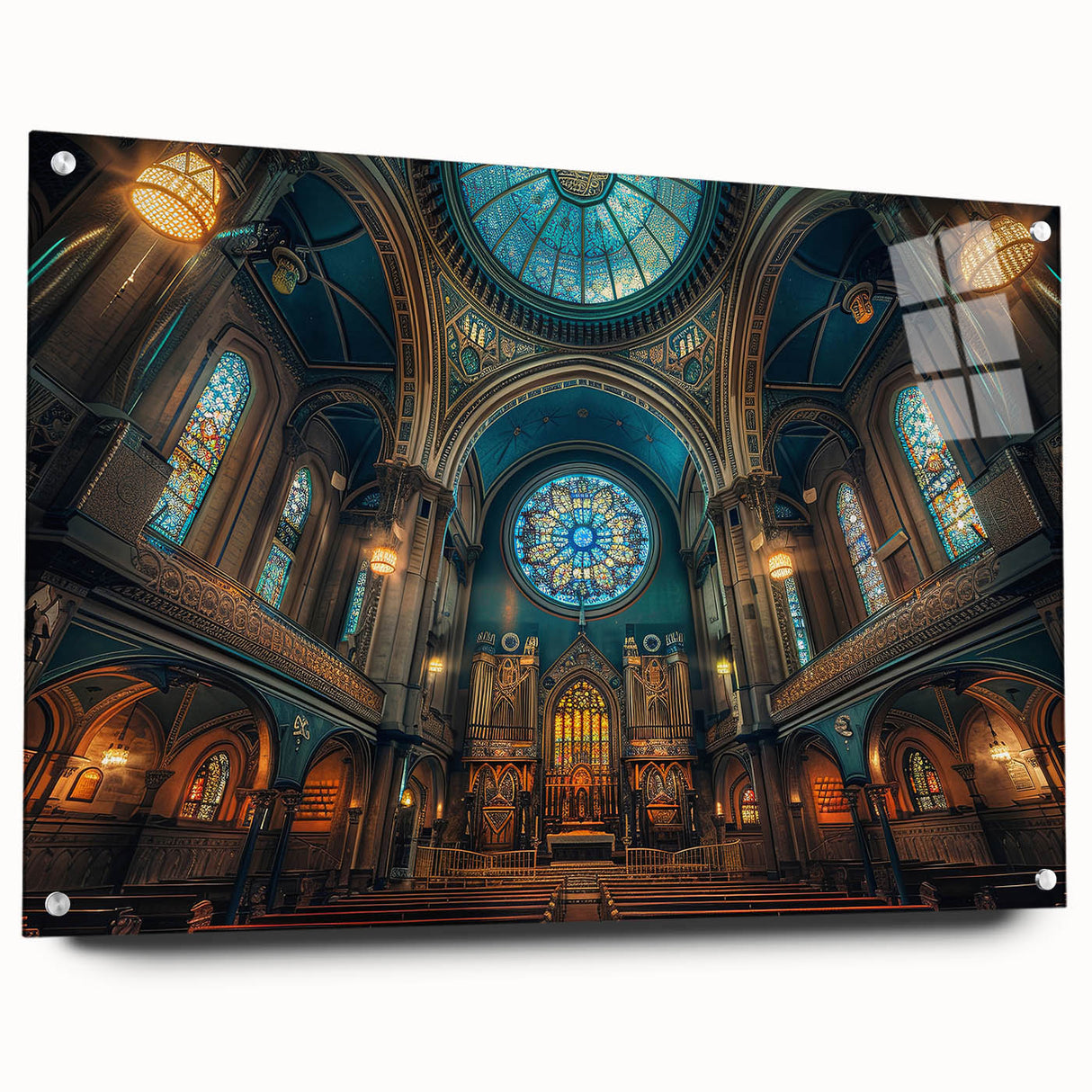 Acrylic print of a large abstract design in cool blue tones, suitable for bedroom or dining room decor.