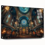Acrylic print of a large abstract design in cool blue tones, suitable for bedroom or dining room decor.