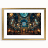 Abstract textured art print of a synagogue in muted gold and white tones, framed with mat, ideal for bedroom art.