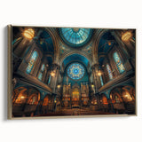 Landscape painting of a synagogue in vibrant colors on a framed canvas, ideal for living room decor.