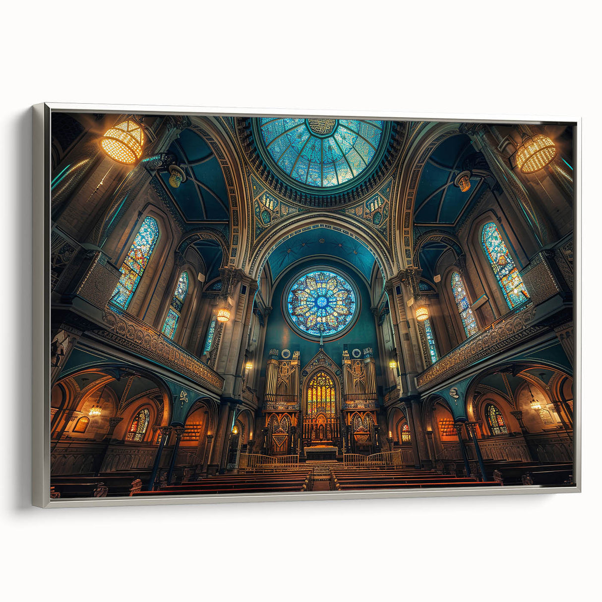 Vintage poster art of a synagogue in colorful hues on a large framed canvas, ideal for living room decor.