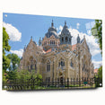 Acrylic print of a large abstract wall art depicting a synagogue in muted earth tones.