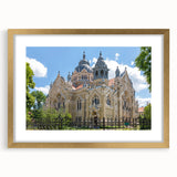 Abstract textured art print of a synagogue in muted gold and beige, framed with mat, suitable for bedroom decor.