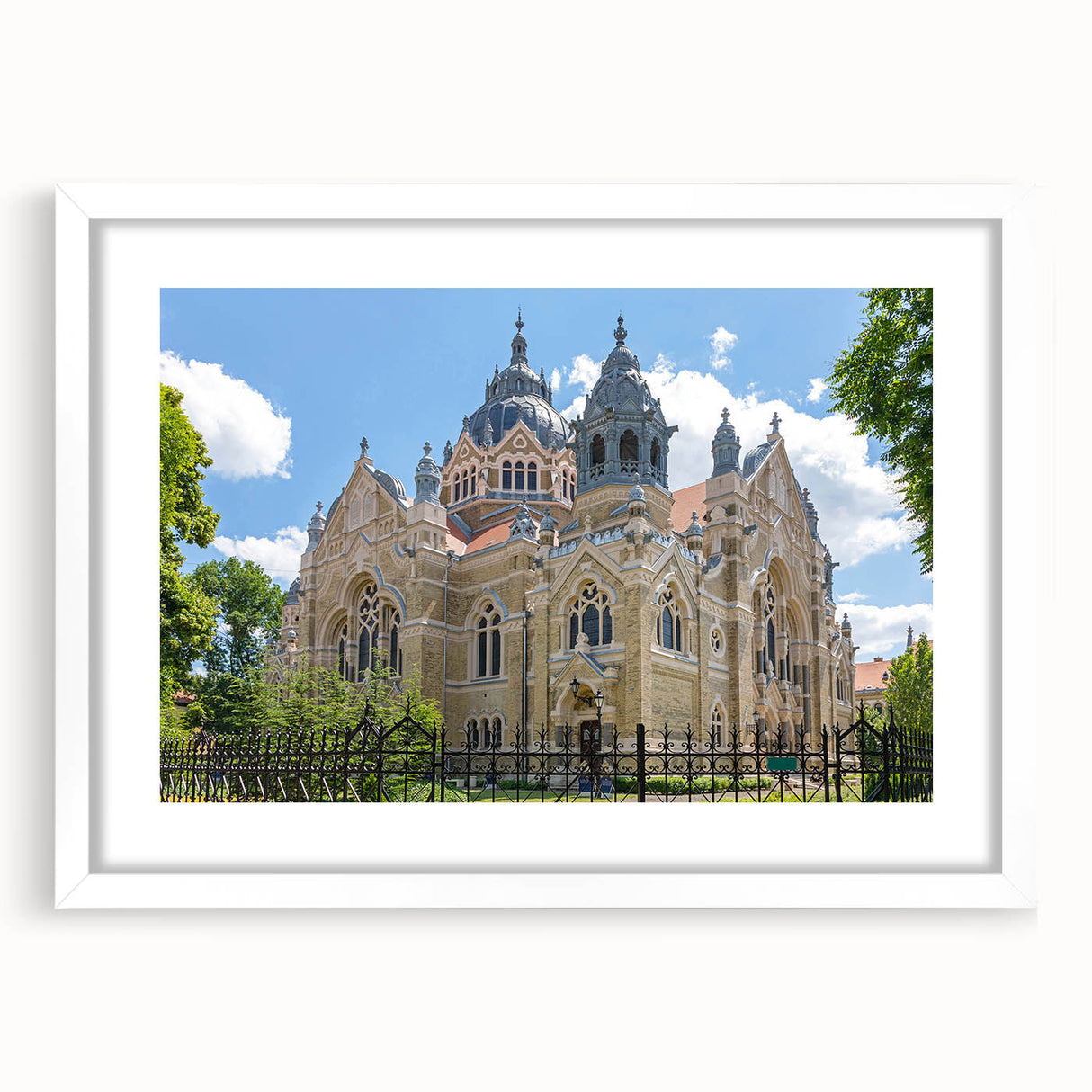 Abstract art print of a synagogue in textured style, with muted earth tones on a large canvas, ideal for living room decor.