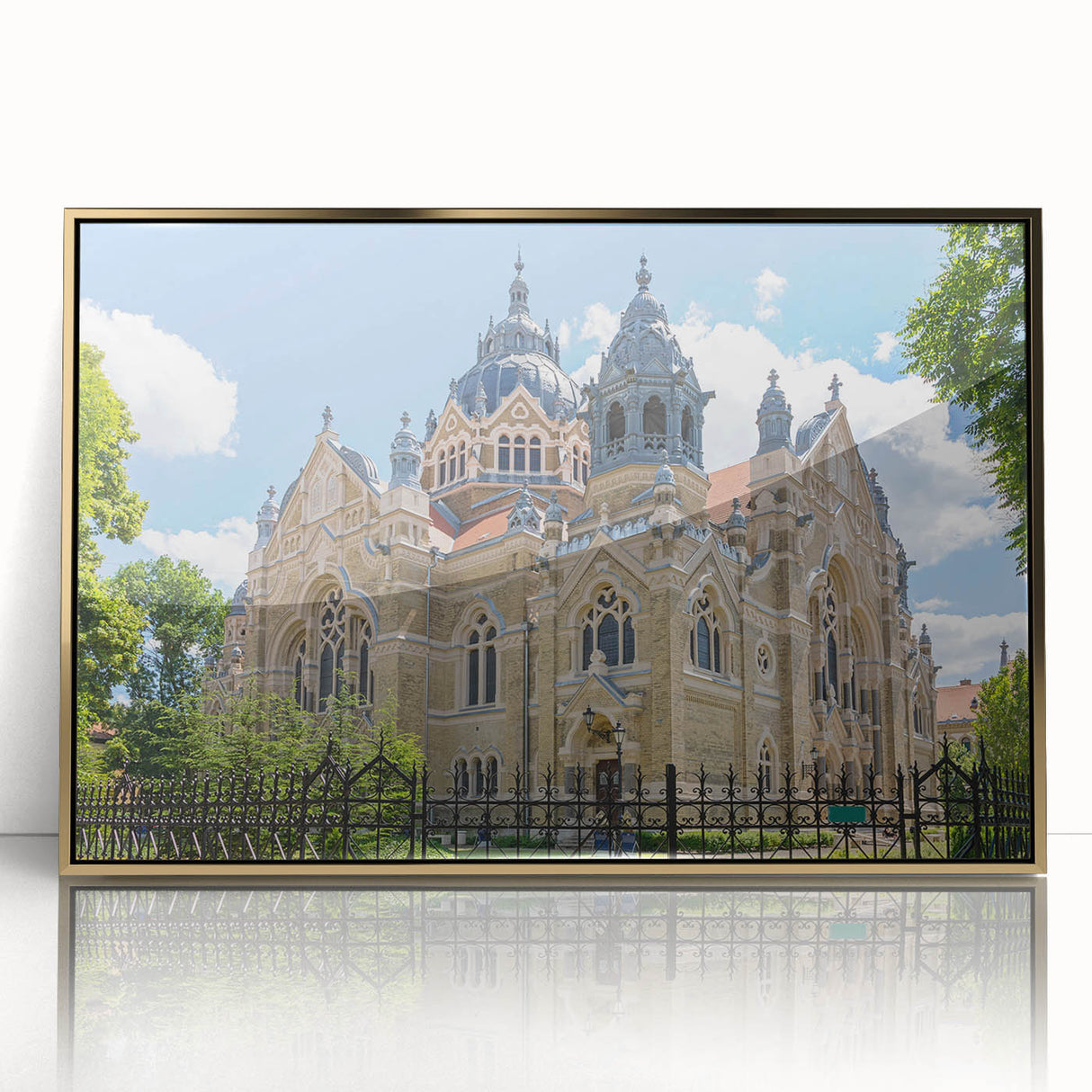 Mid-century modernist acrylic print of a synagogue in gold and white tones, ideal for nursery wall art.
