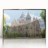 Mid-century modernist acrylic print of a synagogue in gold and white tones, ideal for nursery wall art.