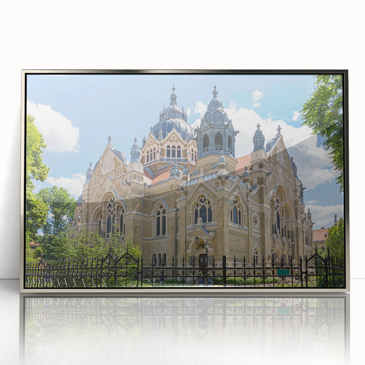 Art deco poster featuring a stylized synagogue in silver and gray tones on a framed acrylic.