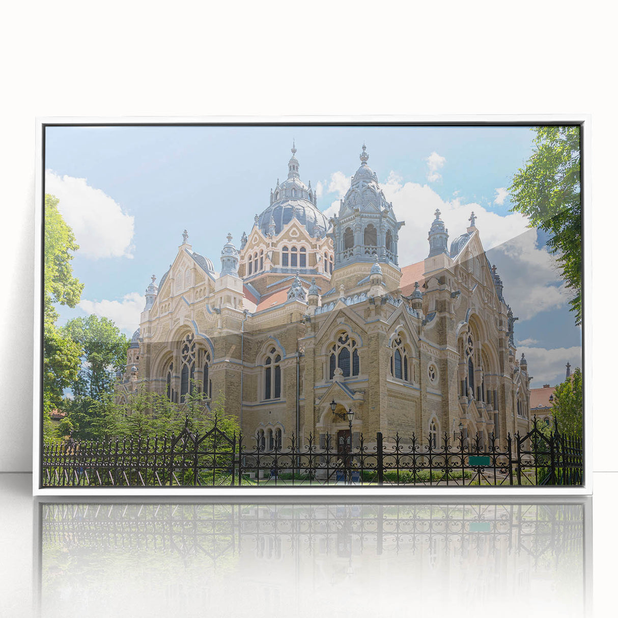 Mid-century modernist synagogue design in muted earth tones, acrylic print framed in white, suitable for nursery wall art.