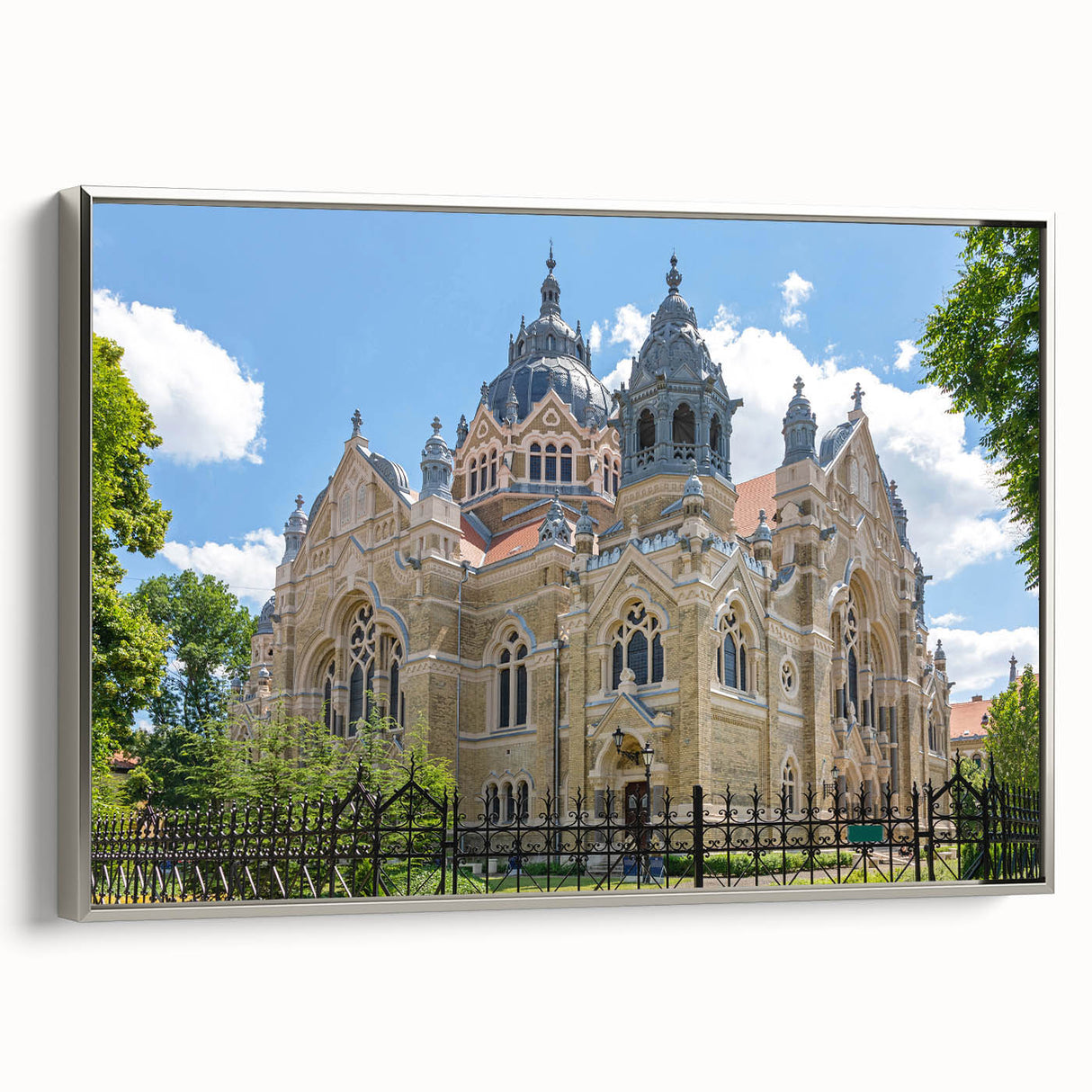 Vintage poster art of a synagogue in vivid colors on a large framed canvas, suitable for living room decor.