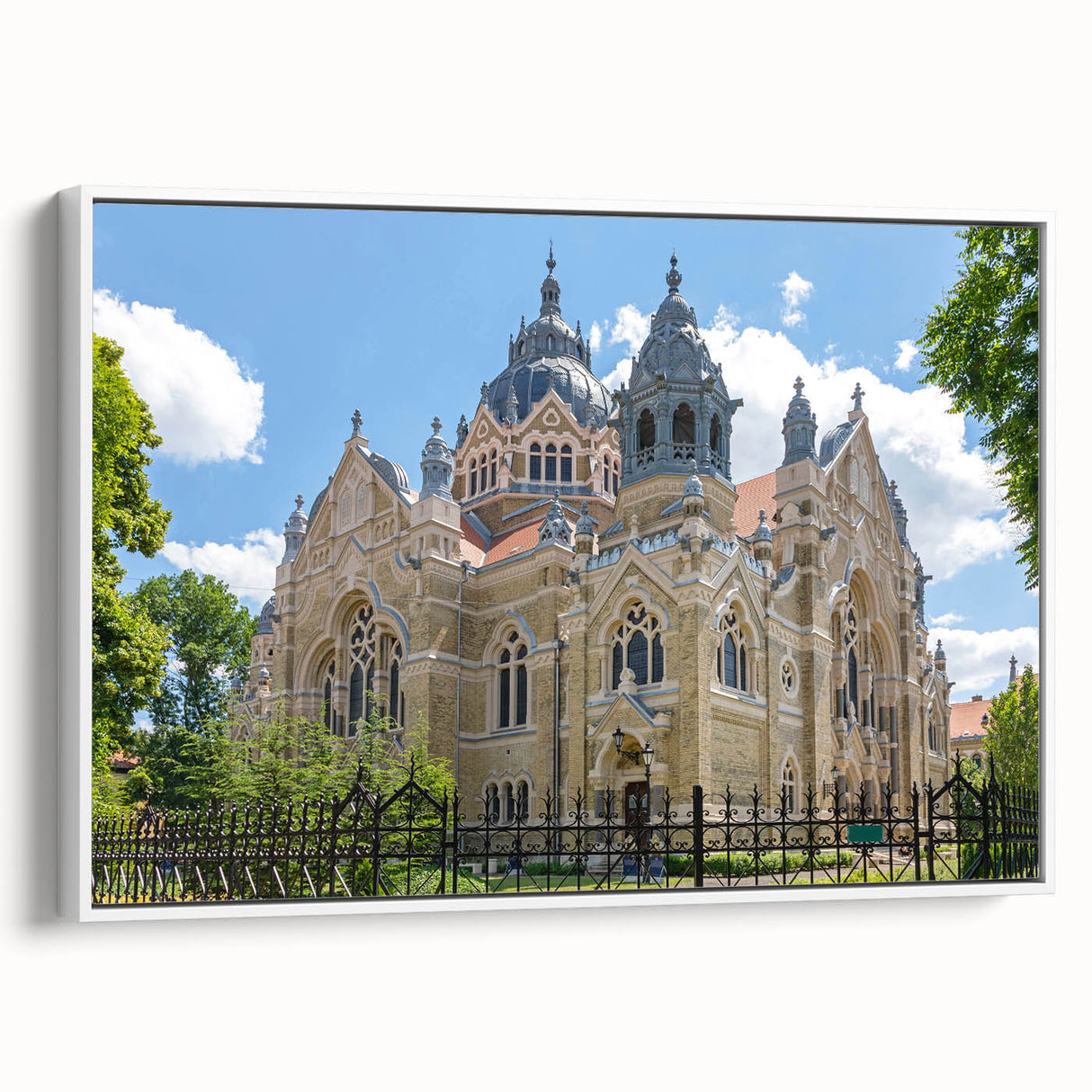 Framed canvas depicting a vintage black and white synagogue landscape, suitable for bedroom wall art.