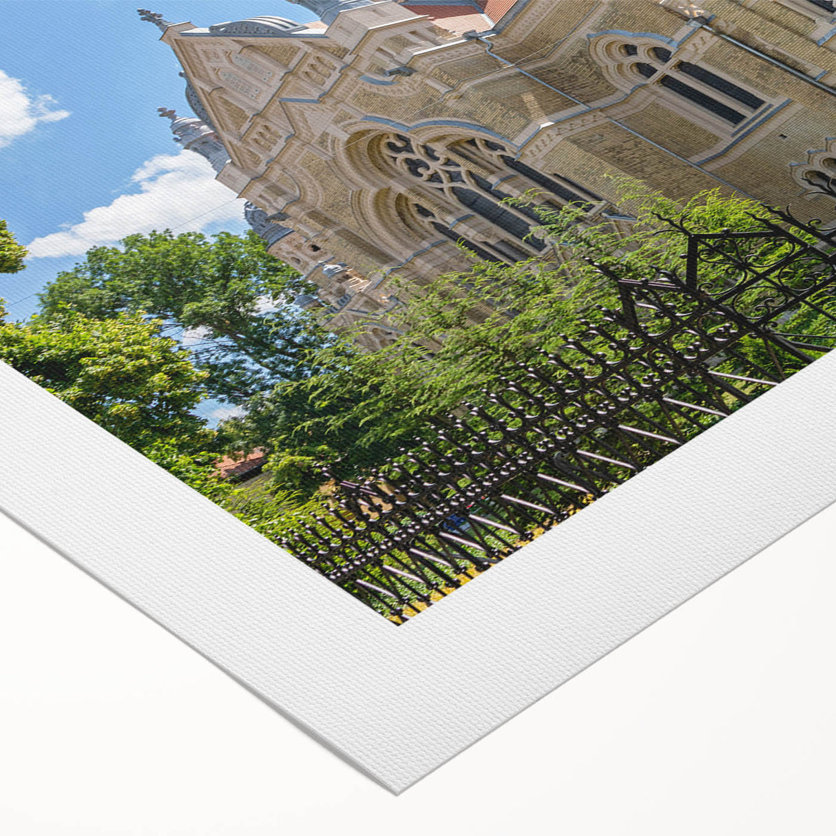 Art deco poster of a synagogue in muted gold and blue tones, printed on rolled canvas, ideal for dining room wall art.