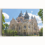Black and white photo of a synagogue on stretched canvas, ideal for kitchen wall art.