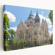 Large stretched canvas depicting a detailed synagogue design in muted earth tones, suitable for kitchen wall art.