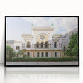 Large abstract wall art of a synagogue in mid-century modernist style, featuring muted earth tones on black framed acrylic.