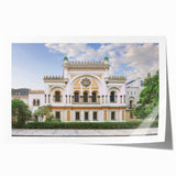 Rolled print of a synagogue with intricate floral designs in muted earth tones, suitable for art wall dining room.