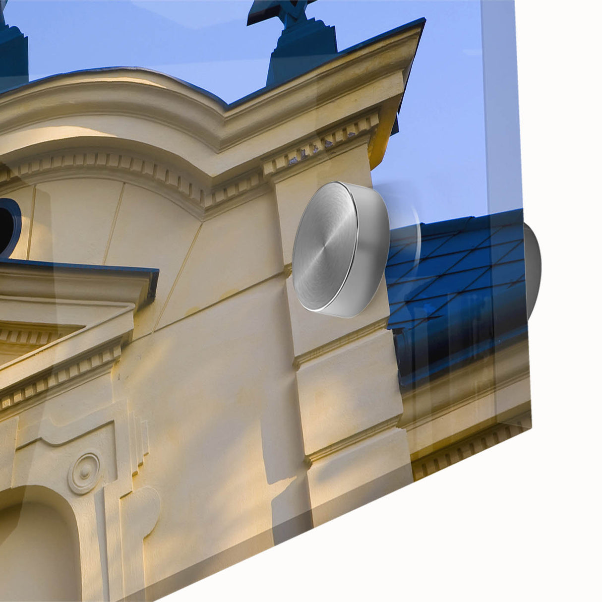 Large abstract wall art of a synagogue in mid-century modernist style, featuring muted earth tones on acrylic glass.