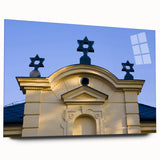 Acrylic print of a large abstract synagogue design in neutral and blue tones, ideal for bedroom or dining room art.