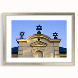 Abstract art print of a synagogue in muted silver and gray tones on a framed canvas, suitable for dining room decor.