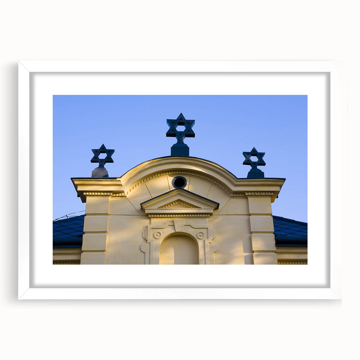 Extra large abstract art print featuring a textured synagogue design in muted earth tones on a white framed canvas.