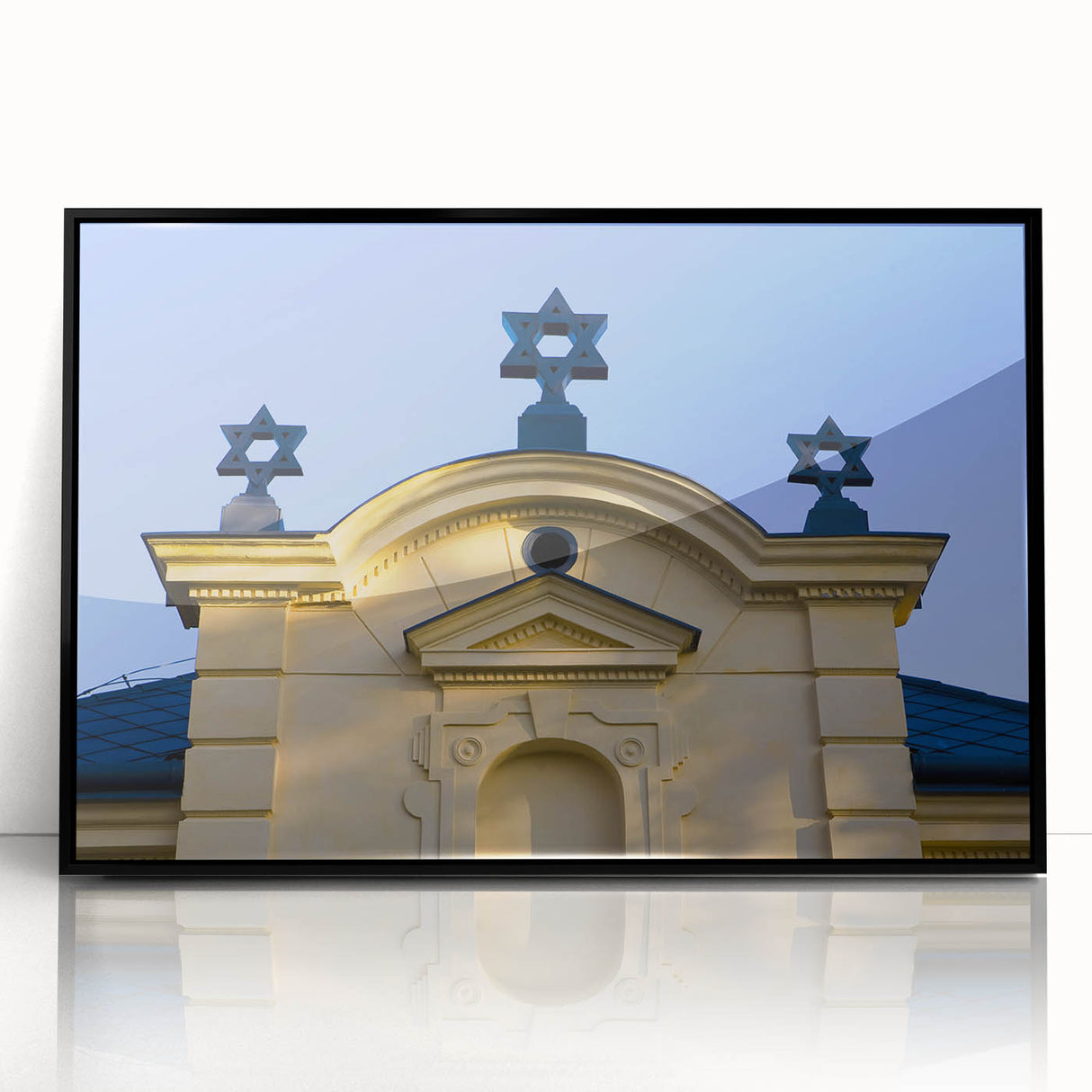 Large abstract wall art depicting a synagogue in mid-century modernist style with muted earth tones on framed acrylic.