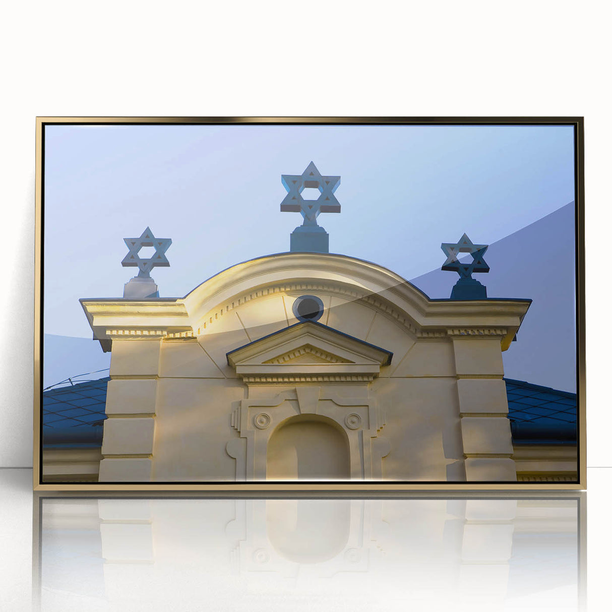 Mid-century modernist art of a synagogue in muted gold tones on framed acrylic, suitable for nursery wall decor.
