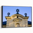 Black and white vintage poster art of a synagogue landscape on framed canvas, ideal for bedroom wall decor.