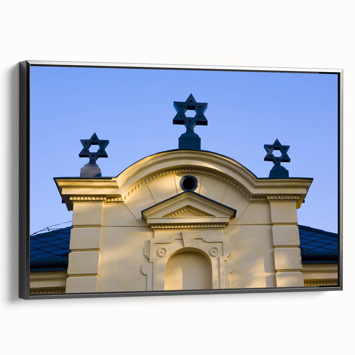 Black and white vintage poster art of a synagogue landscape on framed canvas, ideal for bedroom wall decor.