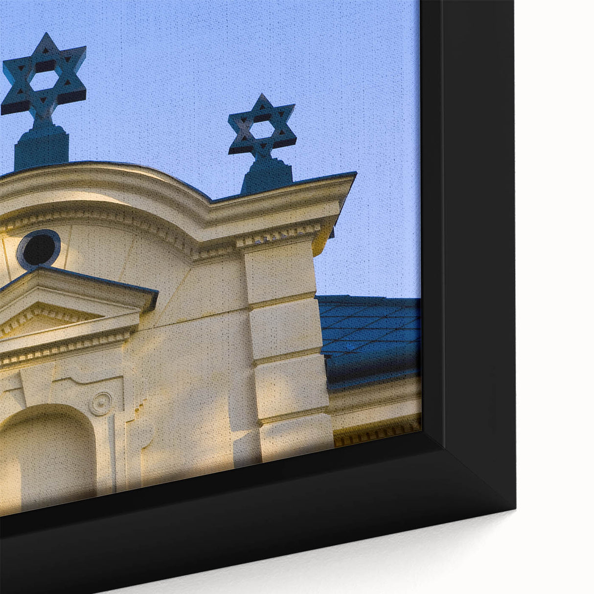 Extra large black wall art on canvas featuring a colorful, textured depiction of a synagogue, ideal for living room decor.