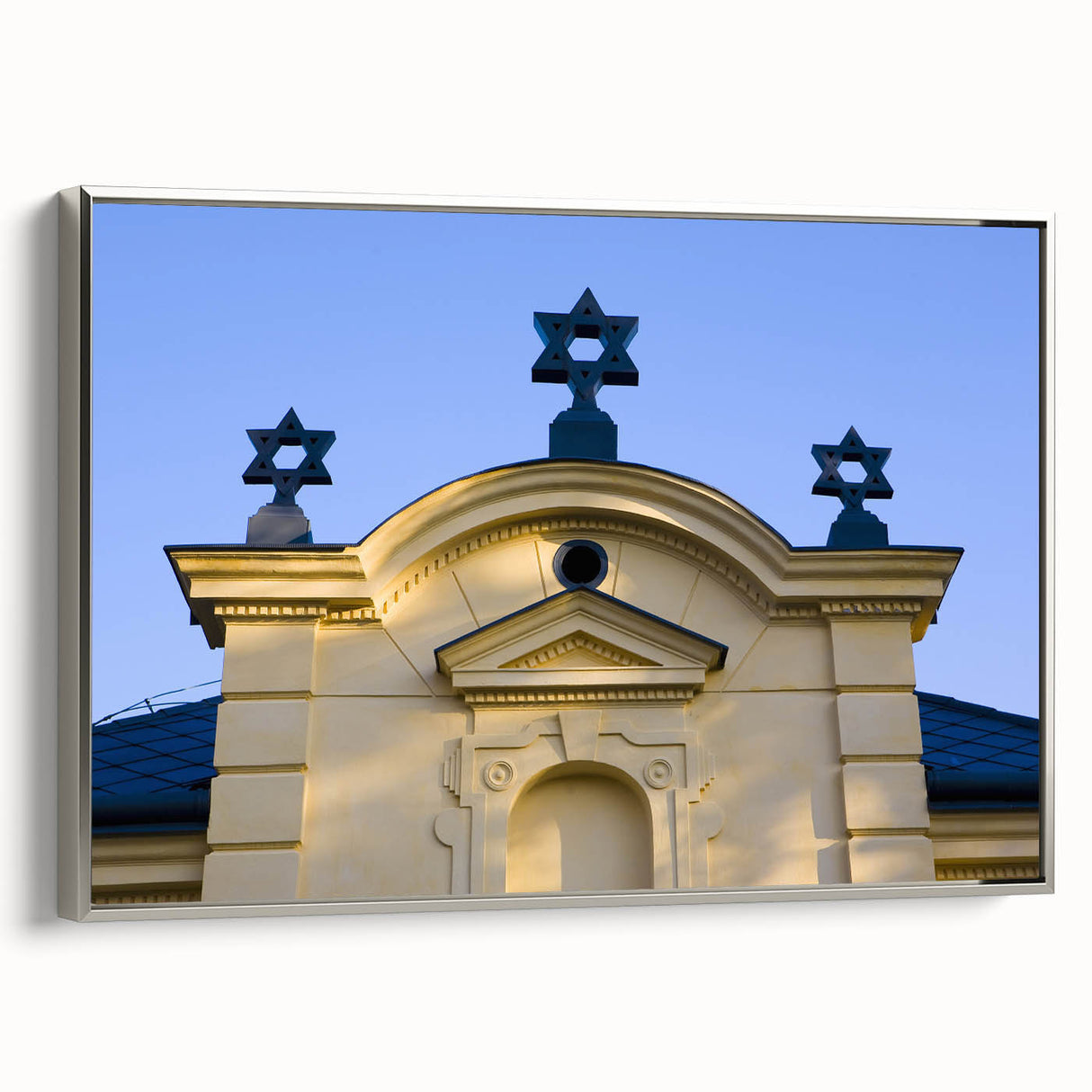 Vintage poster art of a synagogue in colorful hues on a black background, framed canvas, ideal for living room decor.