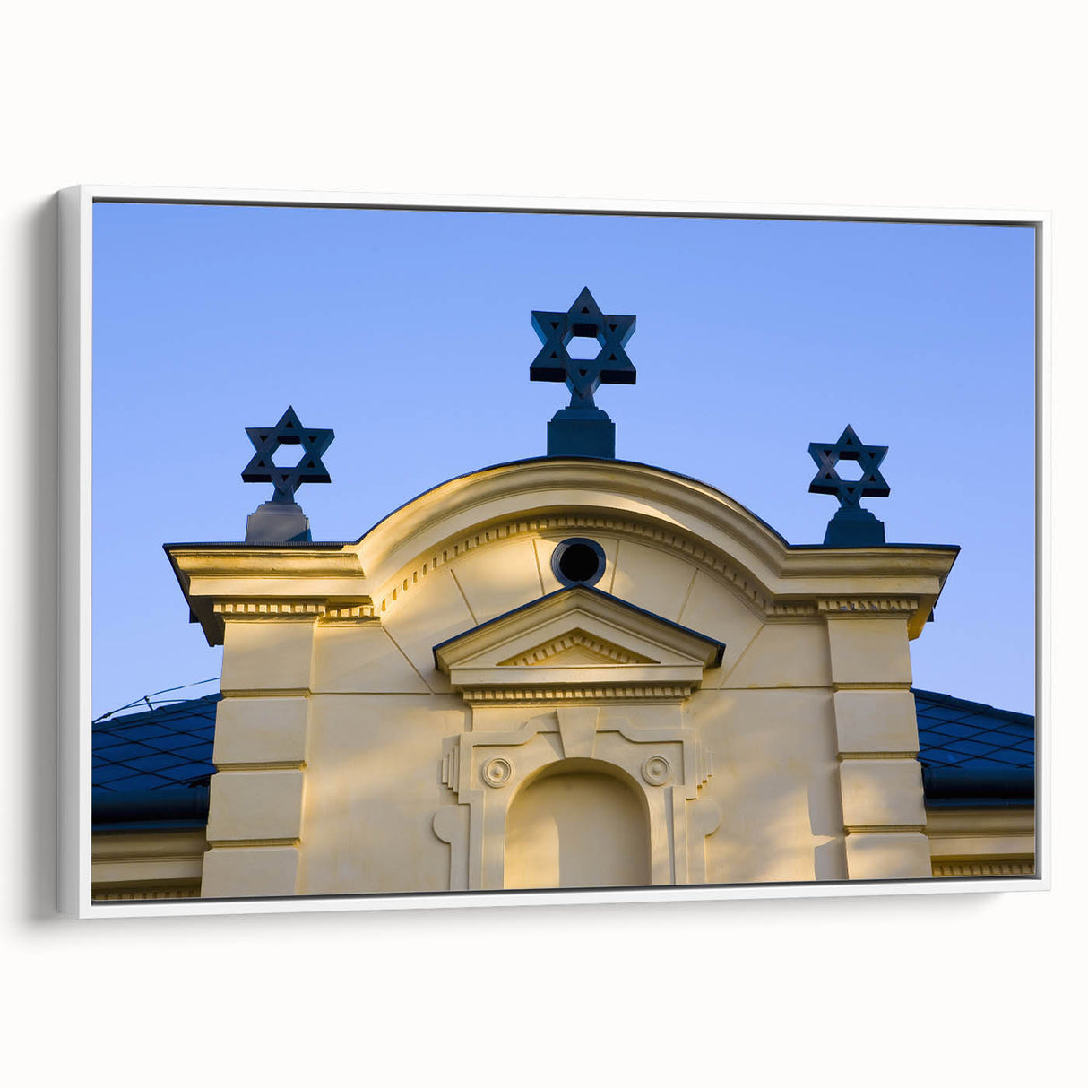 Framed canvas of a vintage synagogue landscape in black and white, ideal for bedroom wall art.