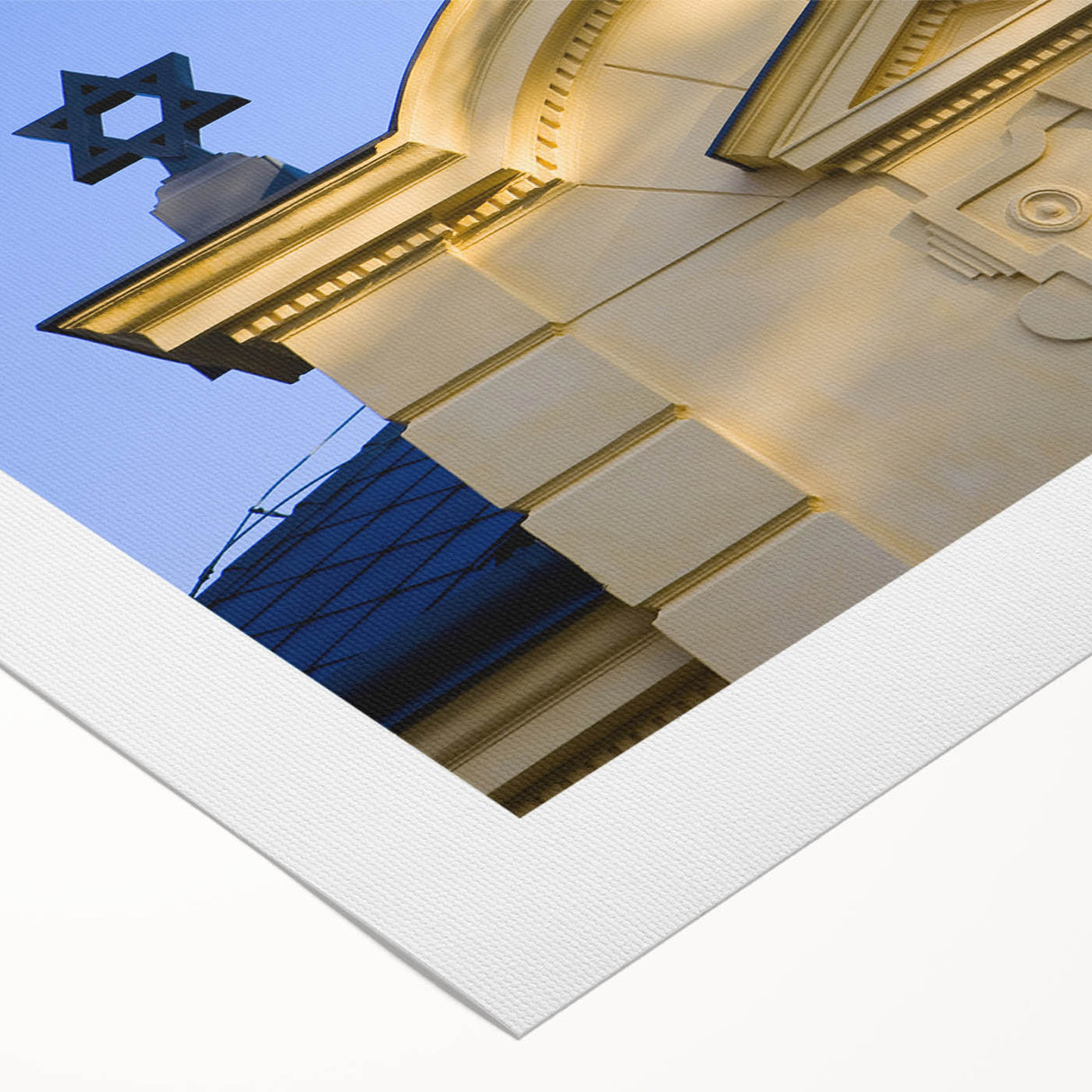 Art deco poster of a synagogue in muted gold and blue tones on rolled canvas, suitable for dining room wall art.