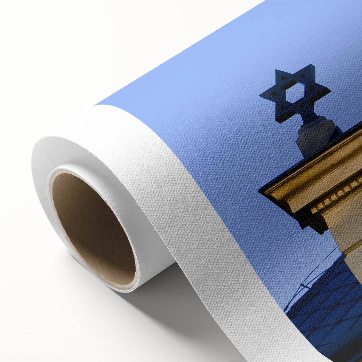 Art deco poster of a synagogue in pastel shades on rolled canvas, ideal for nursery wall art or dining room decor.