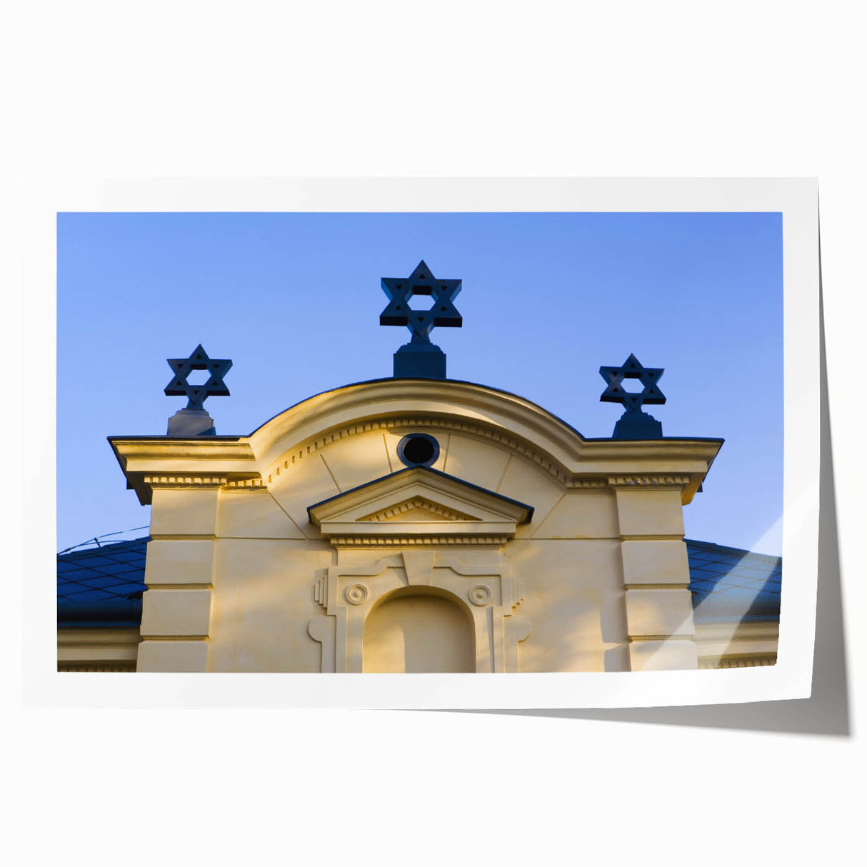 Extra large rolled print featuring a detailed synagogue design in muted earth tones.