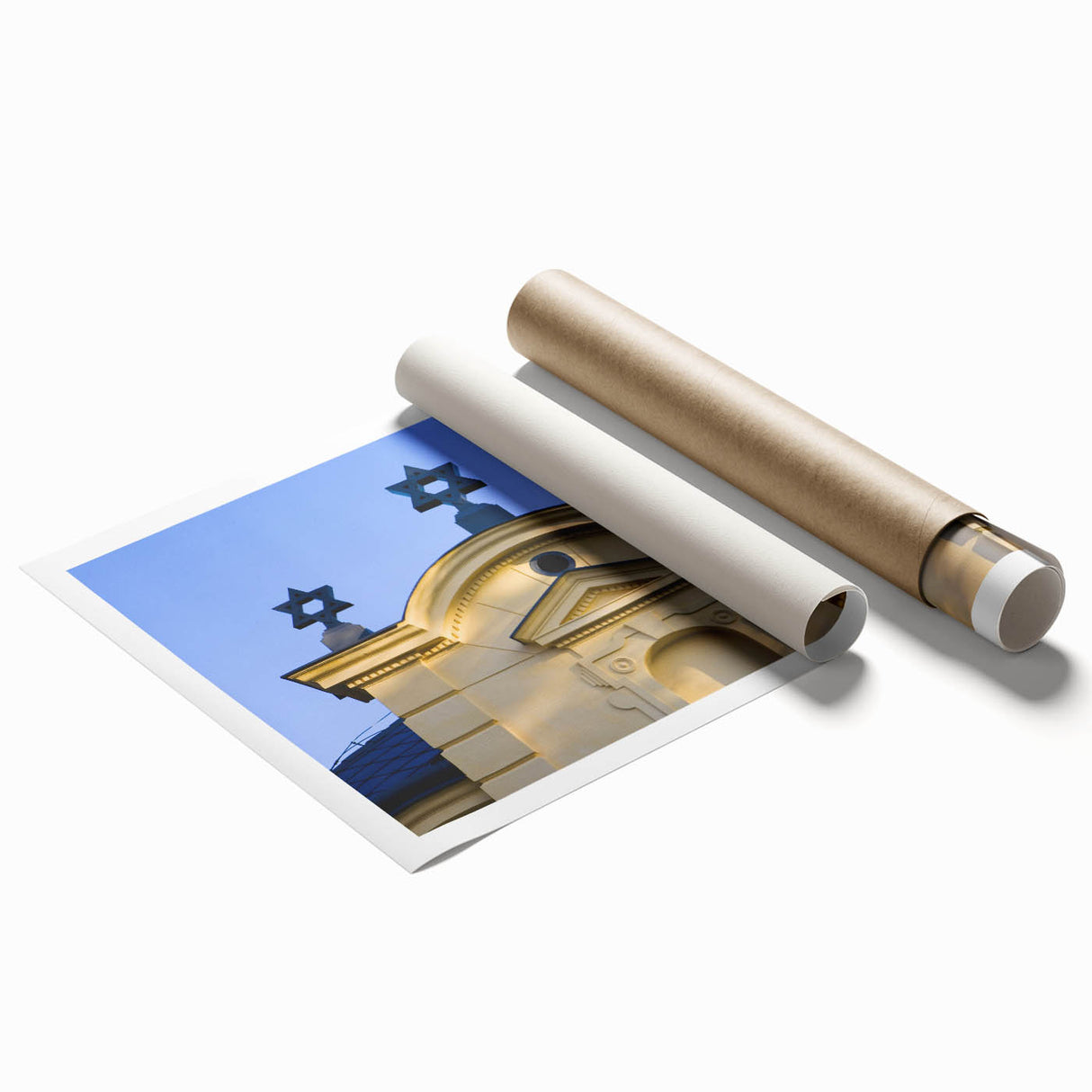 Extra large rolled print of a synagogue in soft pastel shades, ideal for classy bathroom wall art.