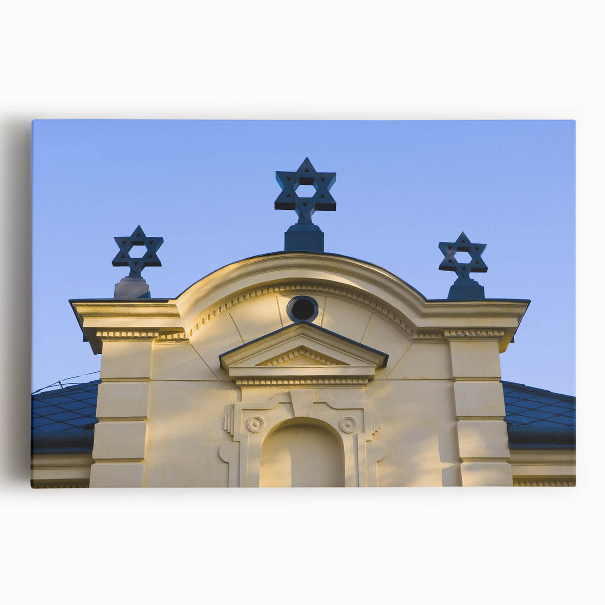 Black and white photograph of a synagogue on stretched canvas, ideal for kitchen wall art.