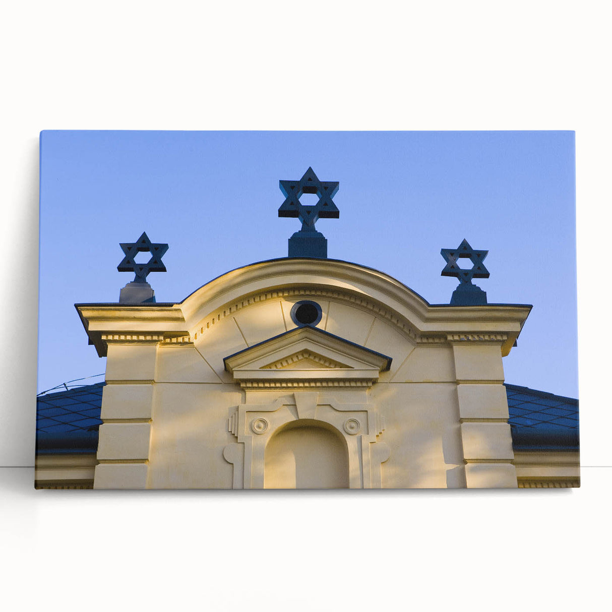 Black and white abstract synagogue design on stretched canvas, ideal for kitchen wall art or bedroom decor.