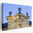 Large art print of a synagogue on stretched canvas, featuring neutral and earthy tones, ideal for kitchen wall art.