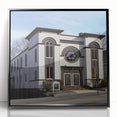 Large abstract wall art of a synagogue in mid-century modernist style, with muted gray and blue tones on a framed acrylic.