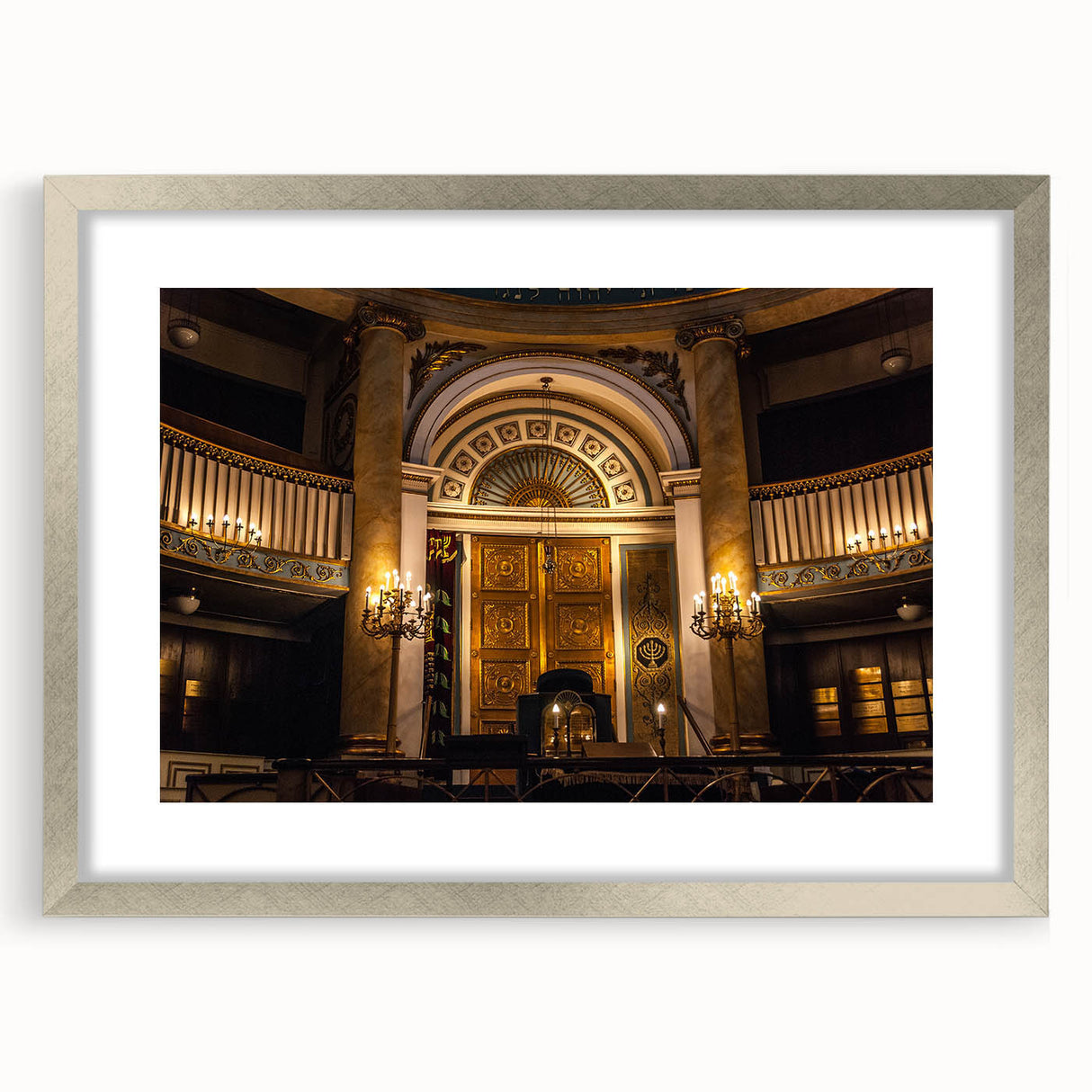 Abstract art print of a synagogue in muted gray and silver tones on a framed mat, ideal for dining room decor.