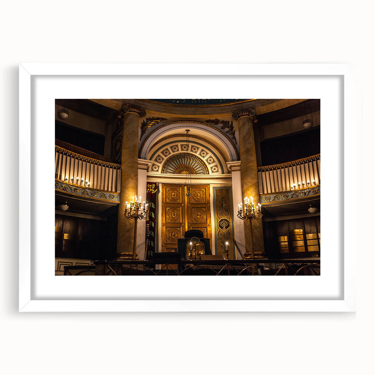 Extra large abstract art print of a synagogue in textured hues of beige and white, framed with a white mat.