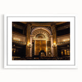 Extra large abstract art print of a synagogue in textured hues of beige and white, framed with a white mat.