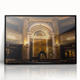 Large abstract wall art depicting a synagogue in mid-century modernist style with muted gray and blue tones.