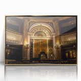 Mid-century modernist art depicting a synagogue in muted gold tones on a framed acrylic, suitable for nursery wall decor.