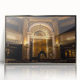 Art deco poster of a synagogue in silver and blue tones, acrylic print framed, suitable for modern nursery wall decor.