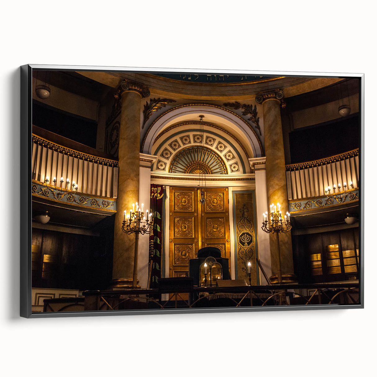 Black and white framed canvas depicting a vintage synagogue design, ideal for bedroom wall decor.