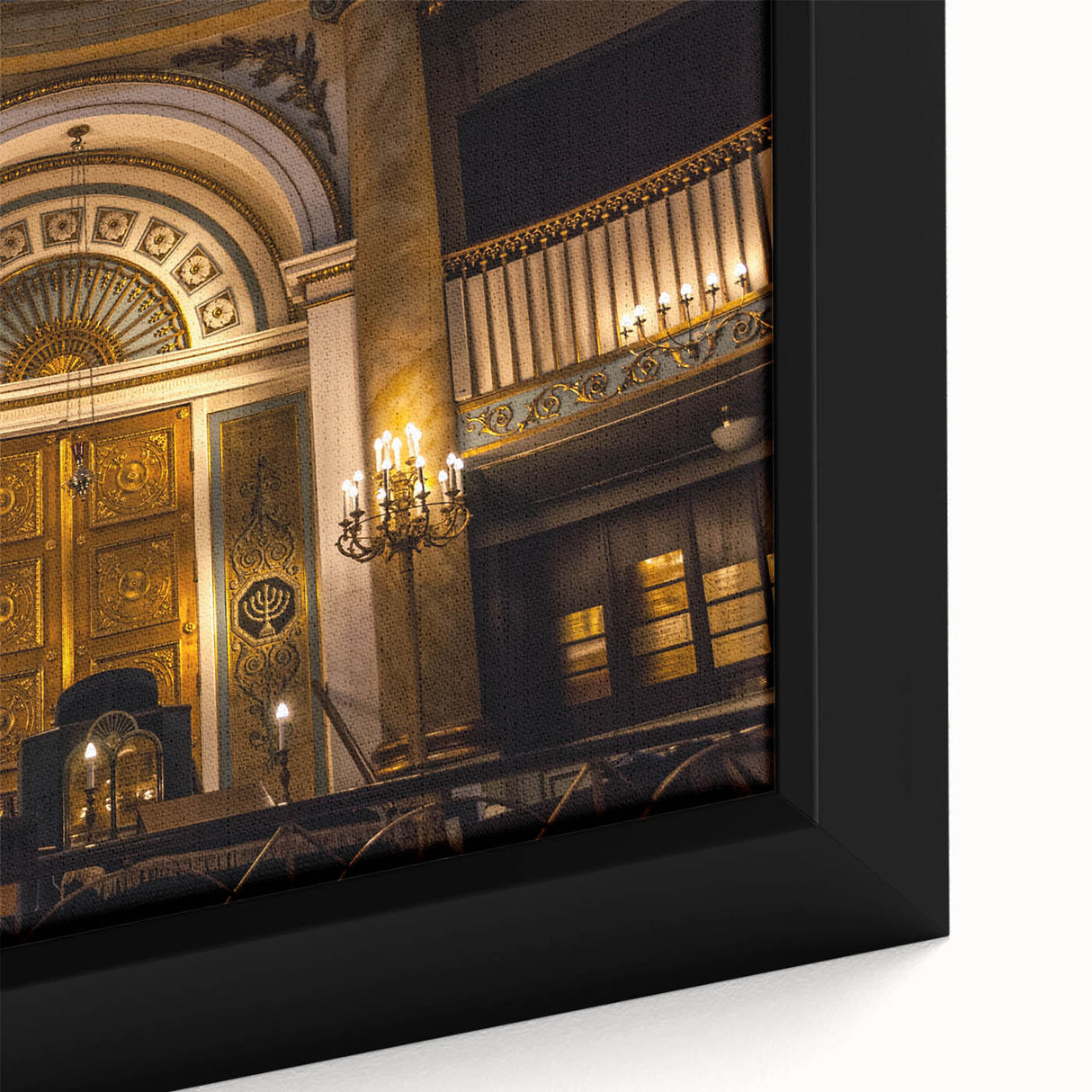 Extra large black wall art featuring a textured, colorful synagogue design on framed canvas, suitable for living room decor.